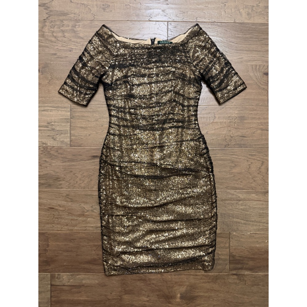 Lauren Ralph Lauren Dress Womens 8 Gold Sequin Mesh Ruched Bodycon Evening Party